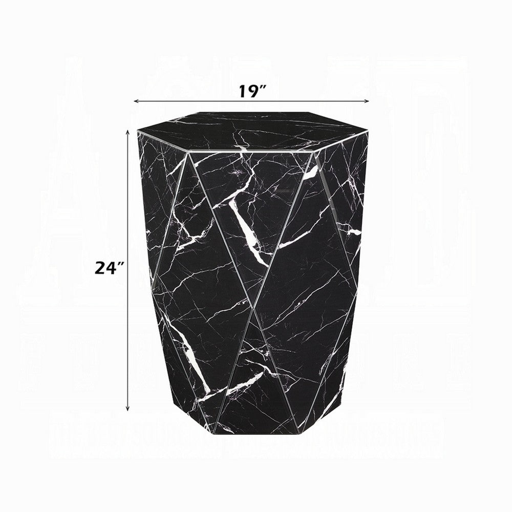 Benjara Kia Side End Table, Modern Hex Drum Shape, Faceted Black Glass 19 Inch