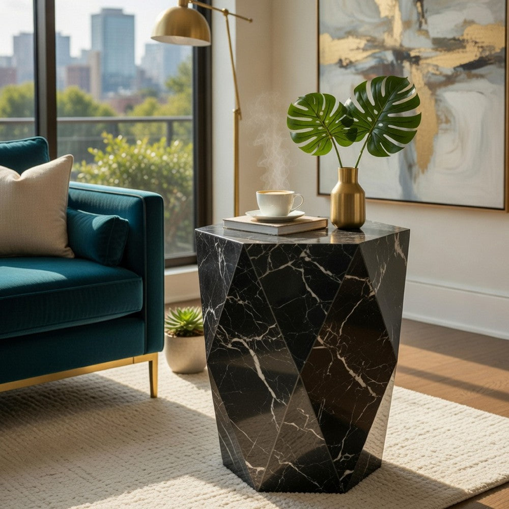 Benjara Kia Side End Table, Modern Hex Drum Shape, Faceted Black Glass 19 Inch