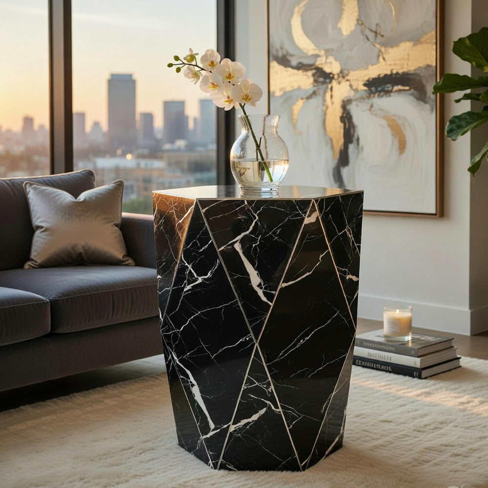 Benjara Kia Side End Table, Modern Hex Drum Shape, Faceted Black Glass 19 Inch