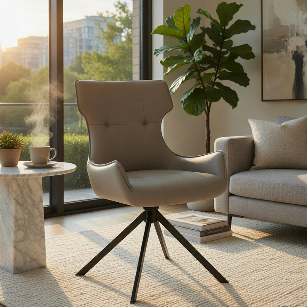 Benjara Mita Swivel Wingback Side Chair Set of 2, Tufted Faux Leather, Black Metal