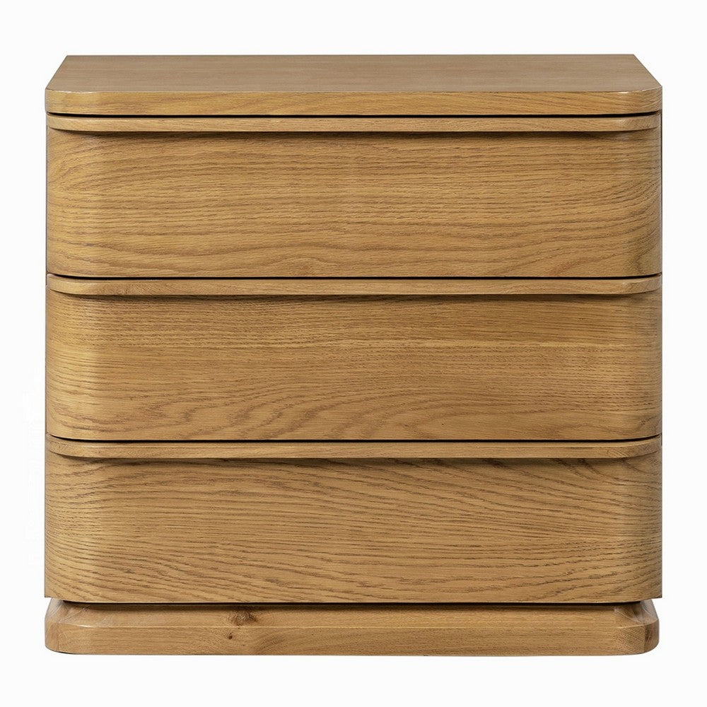 Benjara Sery 3 Drawer Nightstand, Minimalist Lip Handles, Oak Brown Wood 26 Inch