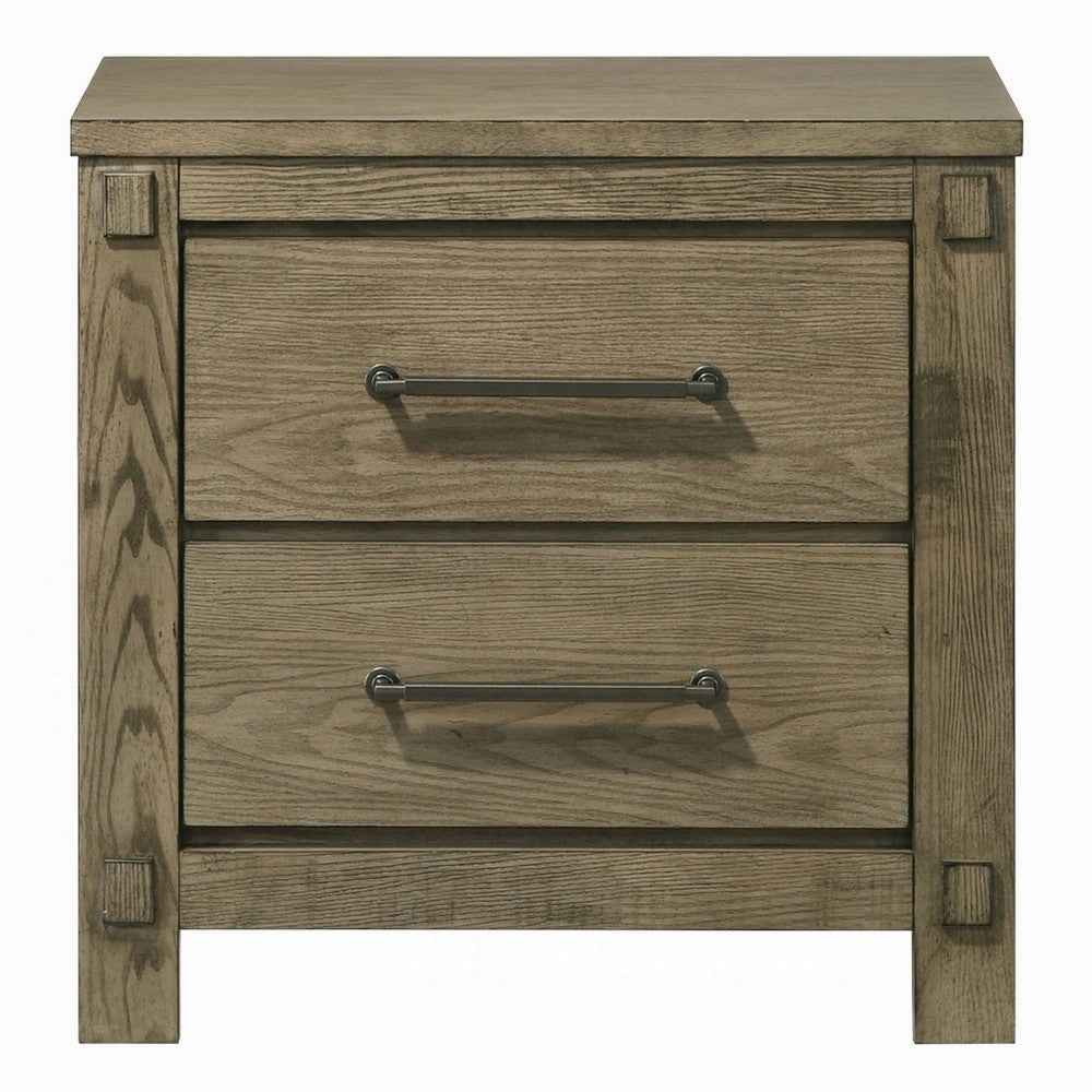 Benjara Cera Nightstand, 2 Drawers Bronze Handles, Antique White Oak Tone Wood