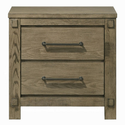 Benjara Cera Nightstand, 2 Drawers Bronze Handles, Antique White Oak Tone Wood