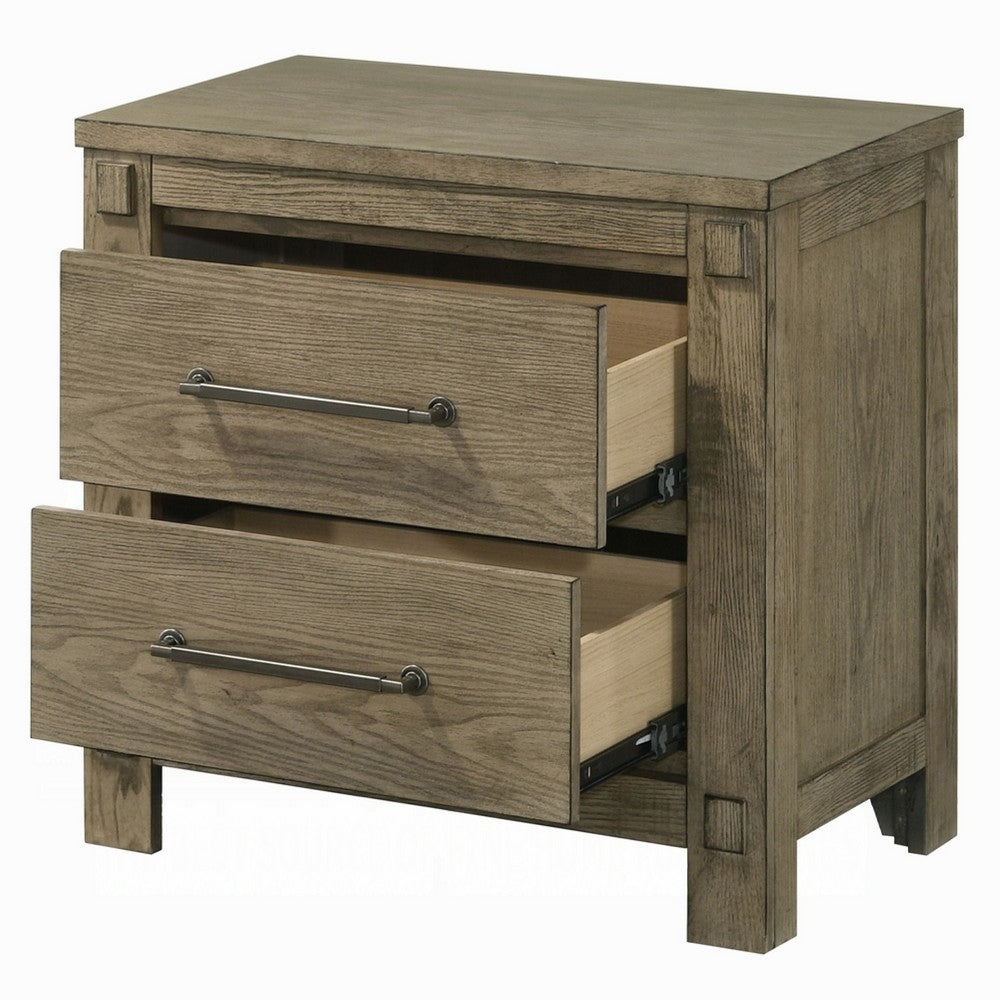 Benjara Cera Nightstand, 2 Drawers Bronze Handles, Antique White Oak Tone Wood