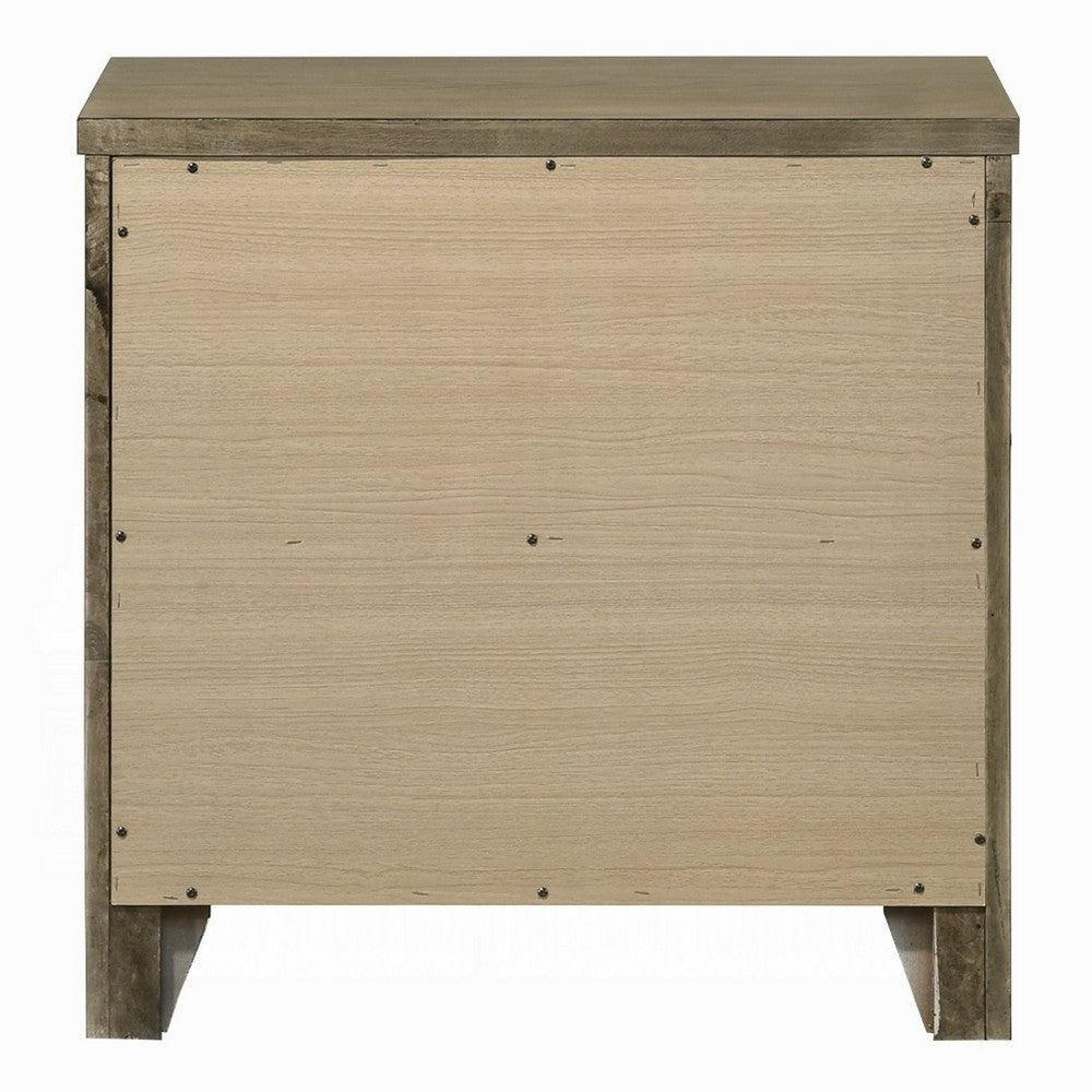 Benjara Cera Nightstand, 2 Drawers Bronze Handles, Antique White Oak Tone Wood
