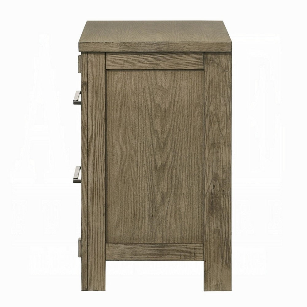 Benjara Cera Nightstand, 2 Drawers Bronze Handles, Antique White Oak Tone Wood