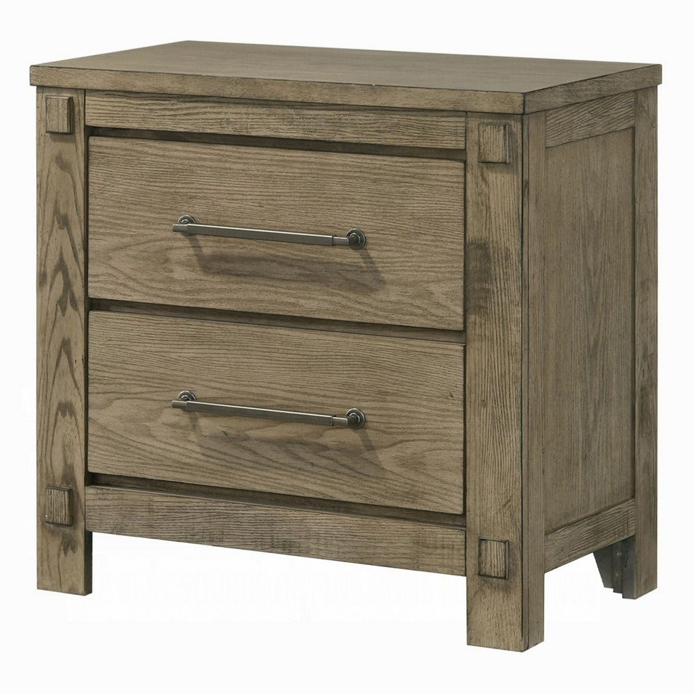 Benjara Cera Nightstand, 2 Drawers Bronze Handles, Antique White Oak Tone Wood
