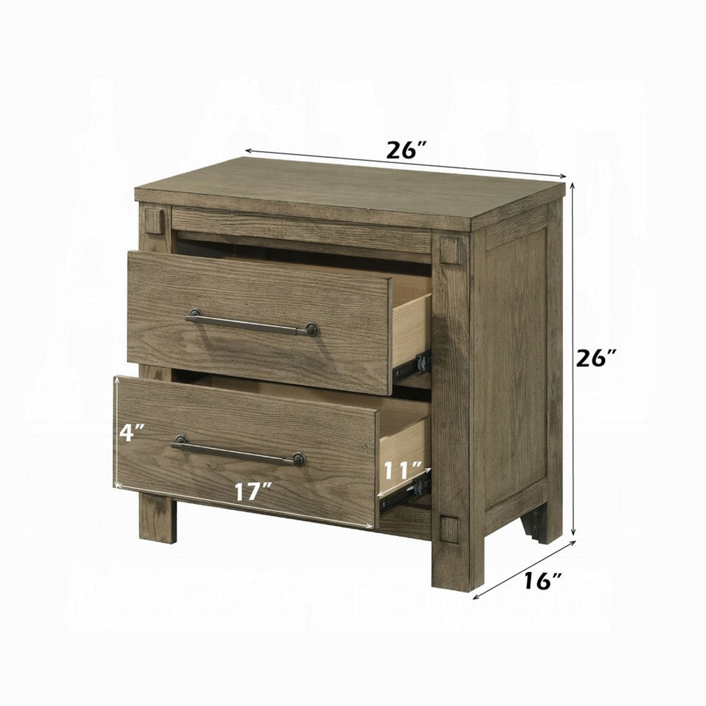 Benjara Cera Nightstand, 2 Drawers Bronze Handles, Antique White Oak Tone Wood