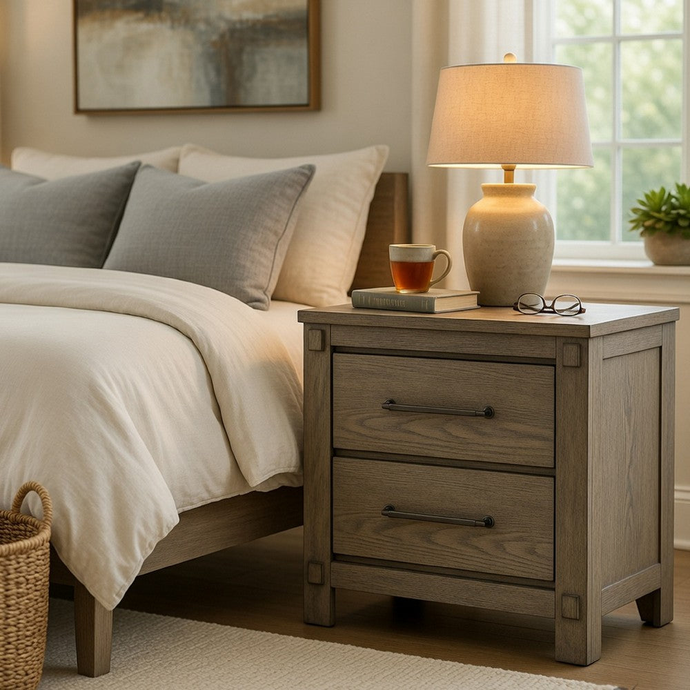 Benjara Cera Nightstand, 2 Drawers Bronze Handles, Antique White Oak Tone Wood