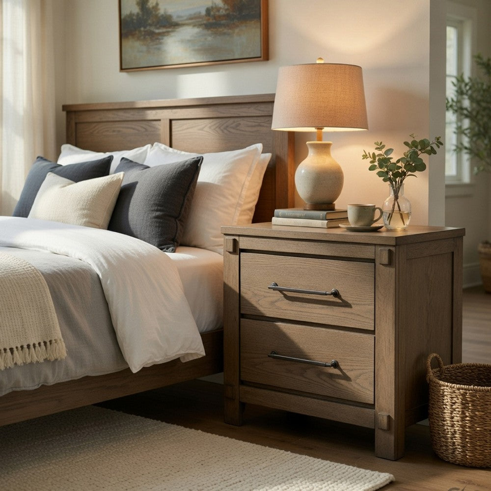 Benjara Cera Nightstand, 2 Drawers Bronze Handles, Antique White Oak Tone Wood