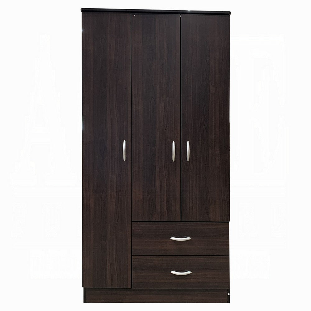 Benjara Leh 3 Door Wardrobe Closet with 2 Drawers, Espresso Brown Wood, 72 Inch