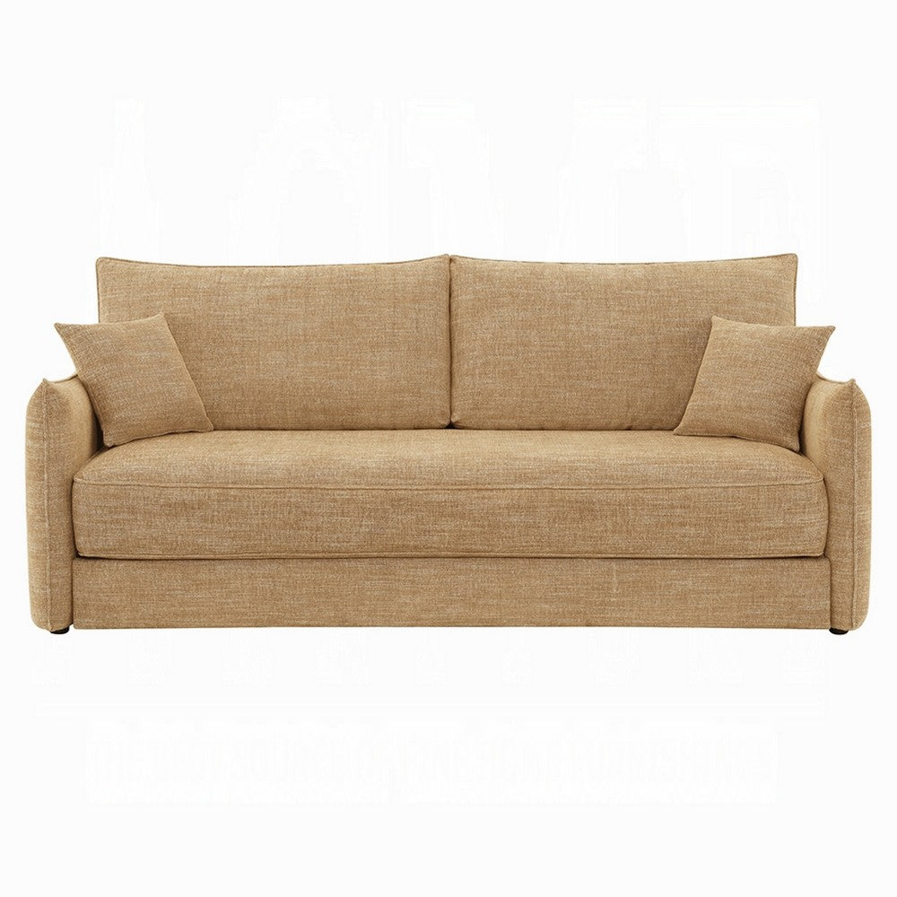 Benjara Mea Full Size Sleeper Sofa, 2 Throw Pillows, Plush Mocha Brown Chenille