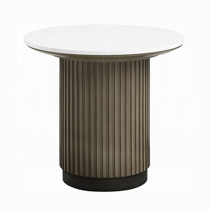 Benjara Jeh Side End Table, 22 Inch White Round Top, Fluted Base, Oak Brown