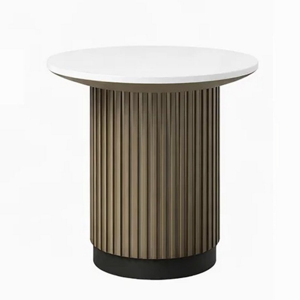 Benjara Jeh Side End Table, 22 Inch White Round Top, Fluted Base, Oak Brown
