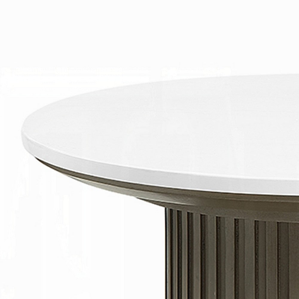 Benjara Jeh Side End Table, 22 Inch White Round Top, Fluted Base, Oak Brown
