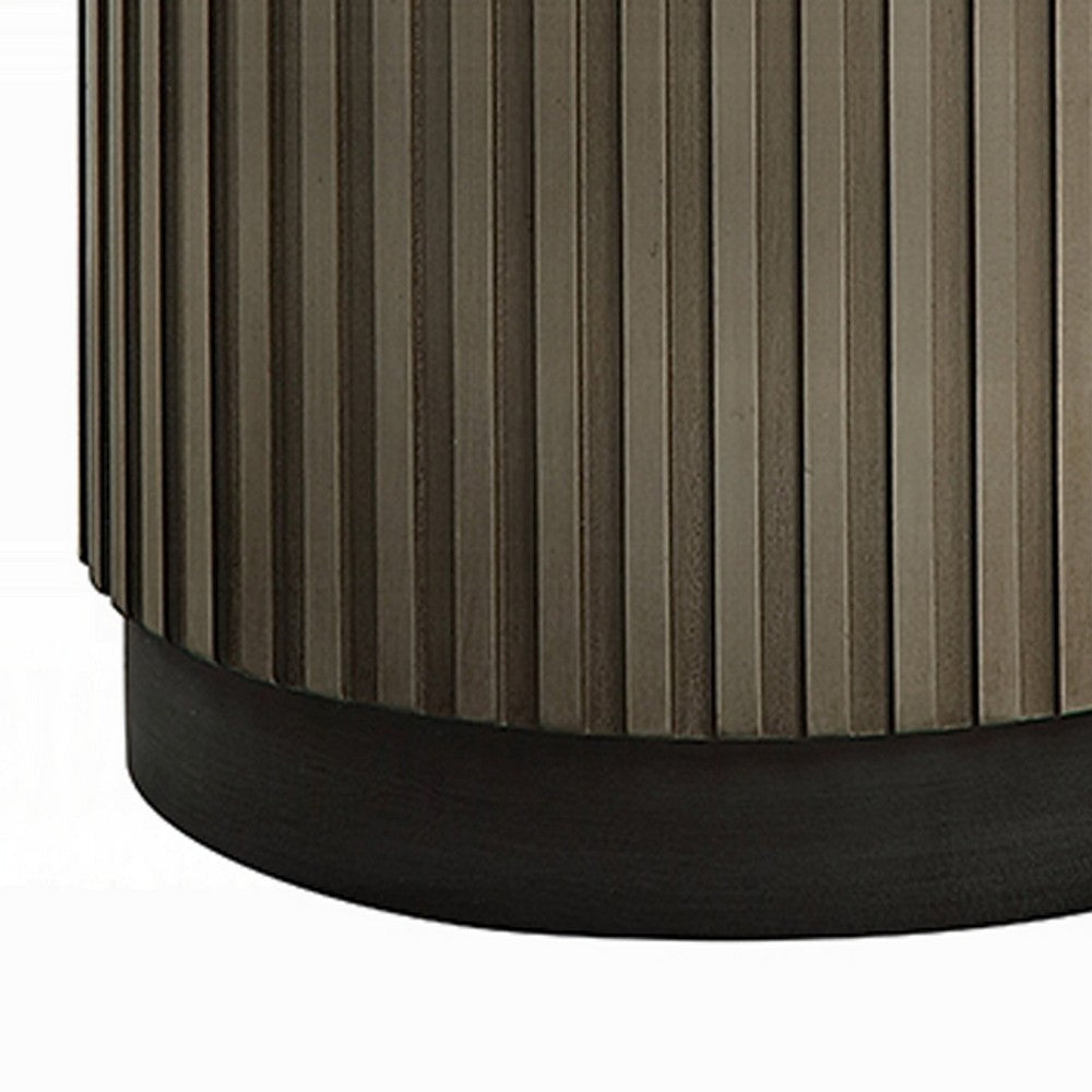 Benjara Jeh Side End Table, 22 Inch White Round Top, Fluted Base, Oak Brown