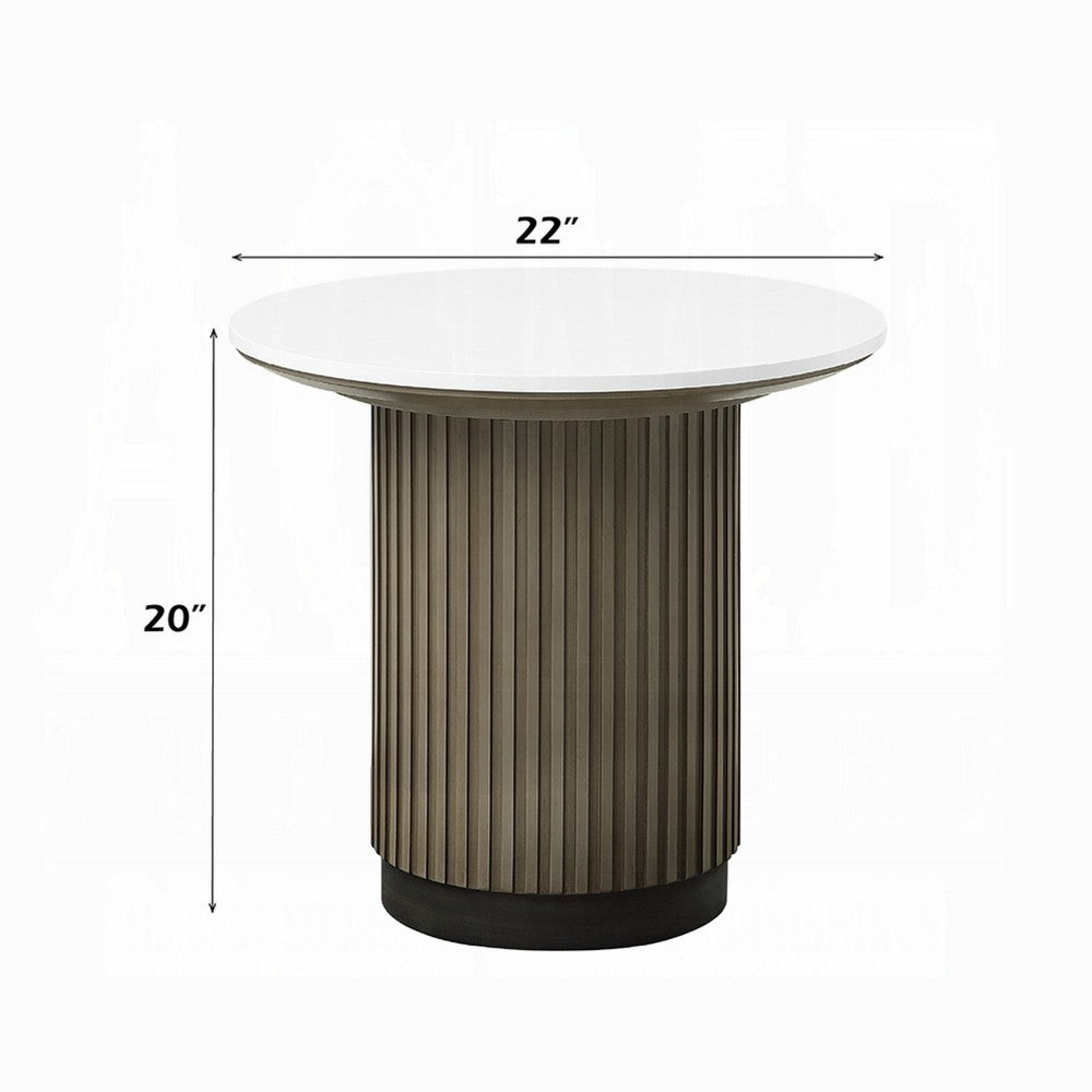 Benjara Jeh Side End Table, 22 Inch White Round Top, Fluted Base, Oak Brown