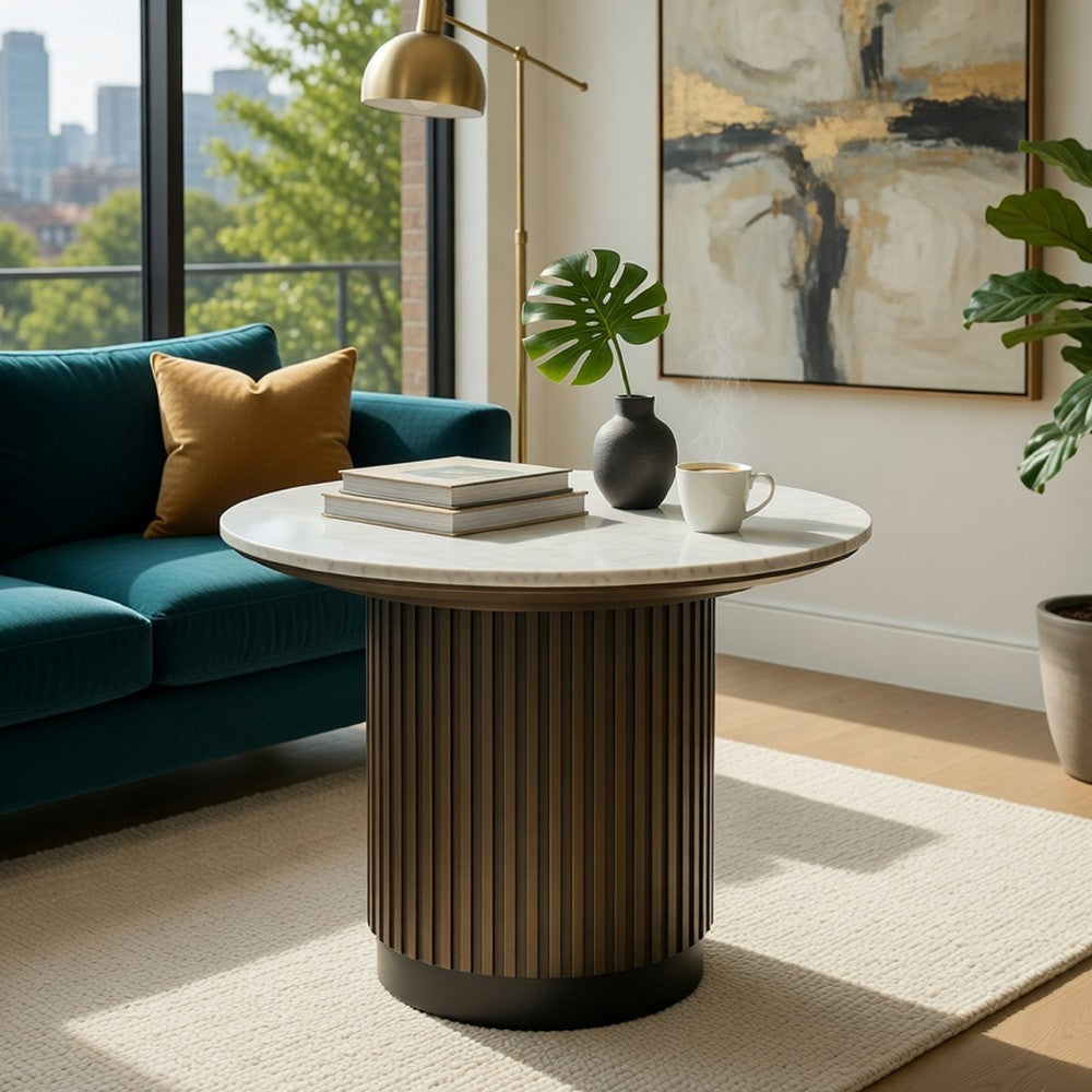 Benjara Jeh Side End Table, 22 Inch White Round Top, Fluted Base, Oak Brown
