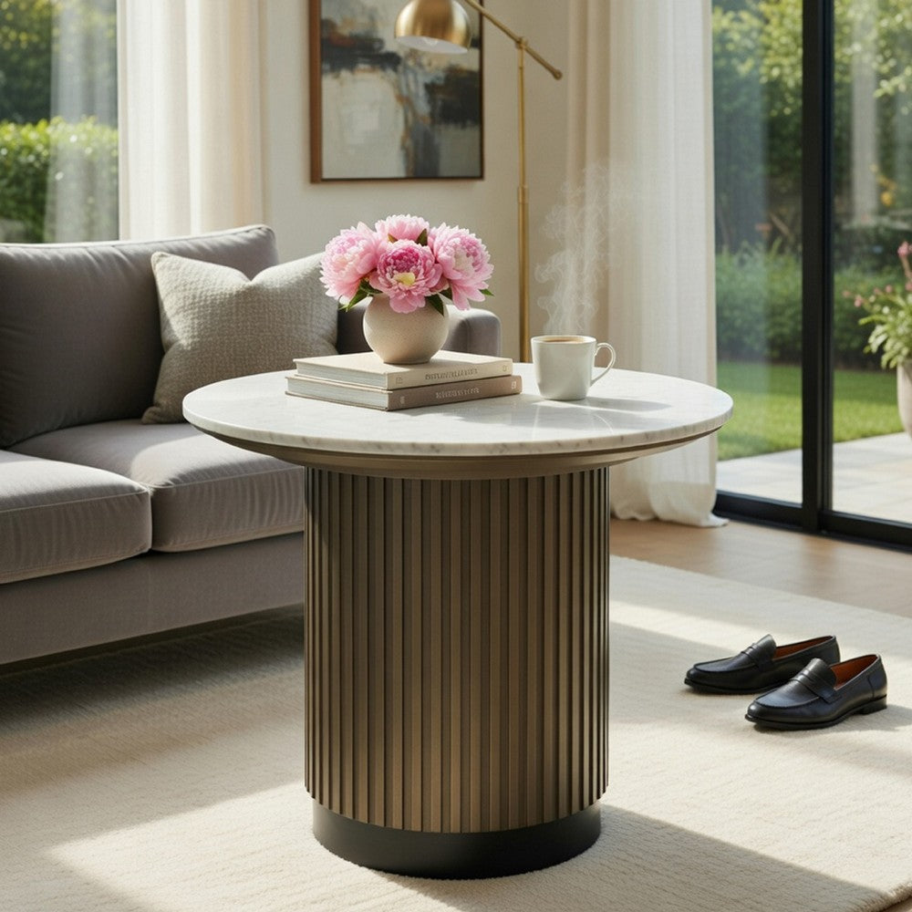 Benjara Jeh Side End Table, 22 Inch White Round Top, Fluted Base, Oak Brown
