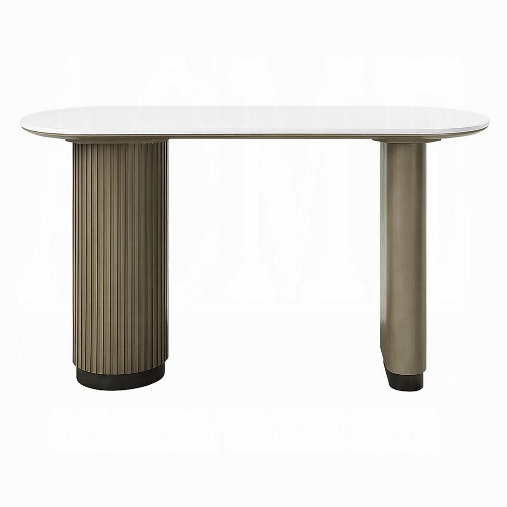 Benjara Jeh Sofa Console Table, 55 Inch White Oval Top, Pedestal Base, Oak Brown