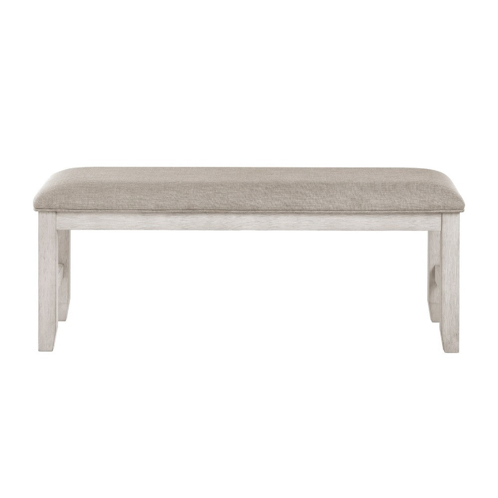 Benjara Vile Dining Bench, Light Gray Upholstery, Distressed White, 48 Inch