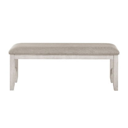 Benjara Vile Dining Bench, Light Gray Upholstery, Distressed White, 48 Inch