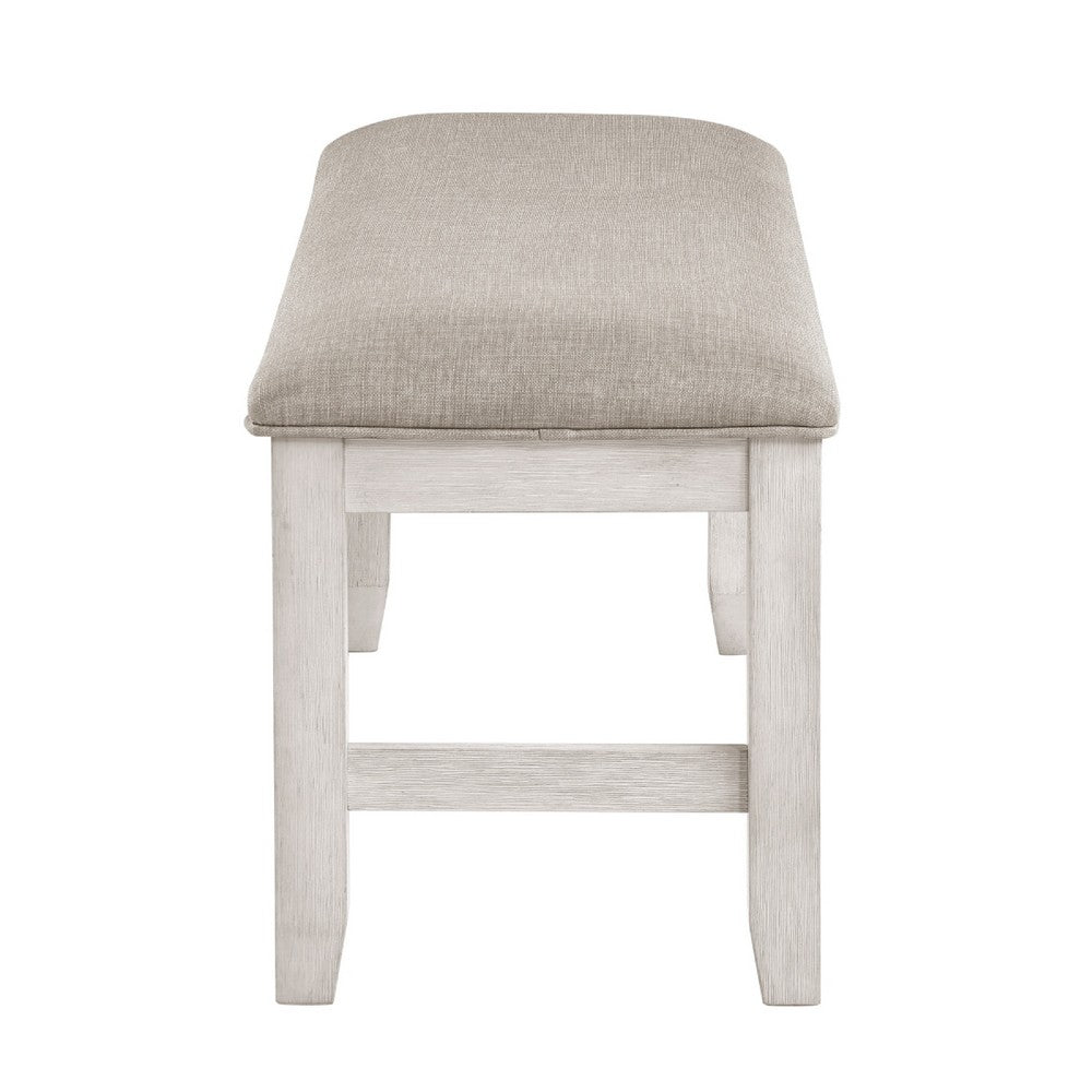 Benjara Vile Dining Bench, Light Gray Upholstery, Distressed White, 48 Inch