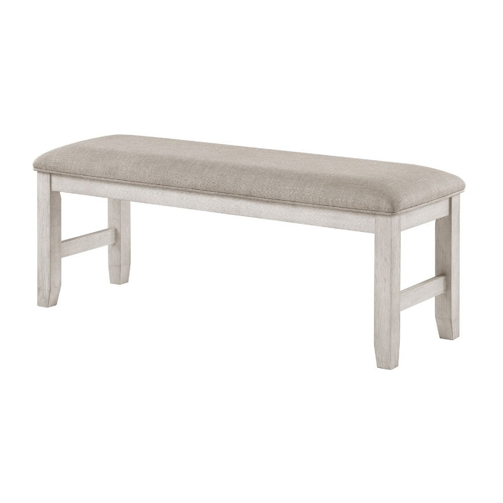 Benjara Vile Dining Bench, Light Gray Upholstery, Distressed White, 48 Inch