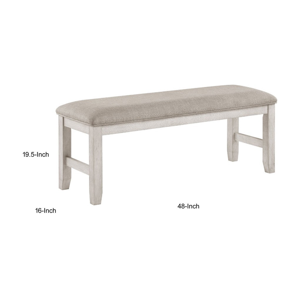 Benjara Vile Dining Bench, Light Gray Upholstery, Distressed White, 48 Inch