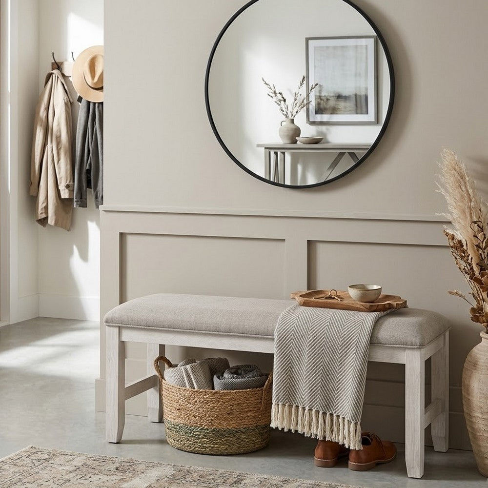 Benjara Vile Dining Bench, Light Gray Upholstery, Distressed White, 48 Inch