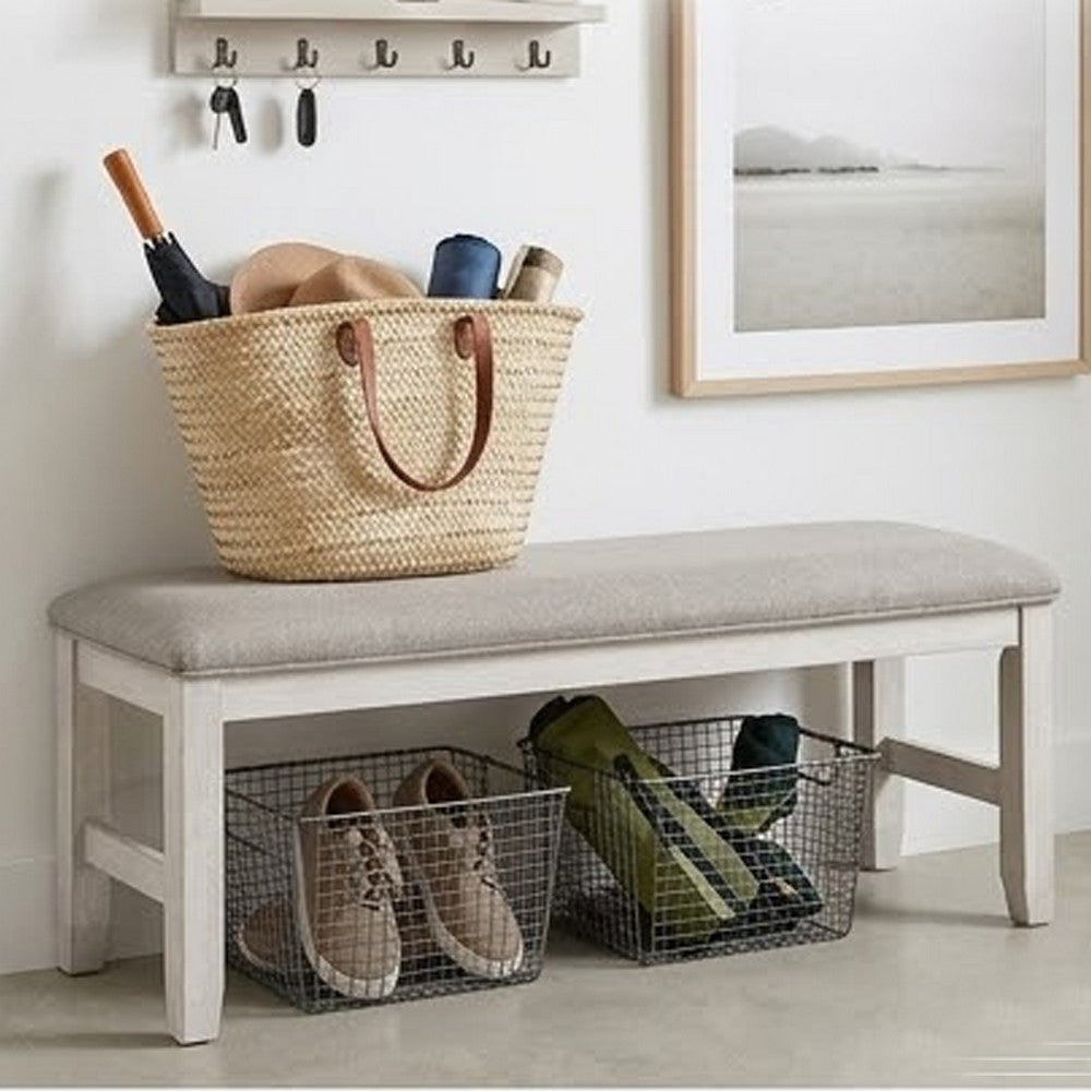 Benjara Vile Dining Bench, Light Gray Upholstery, Distressed White, 48 Inch