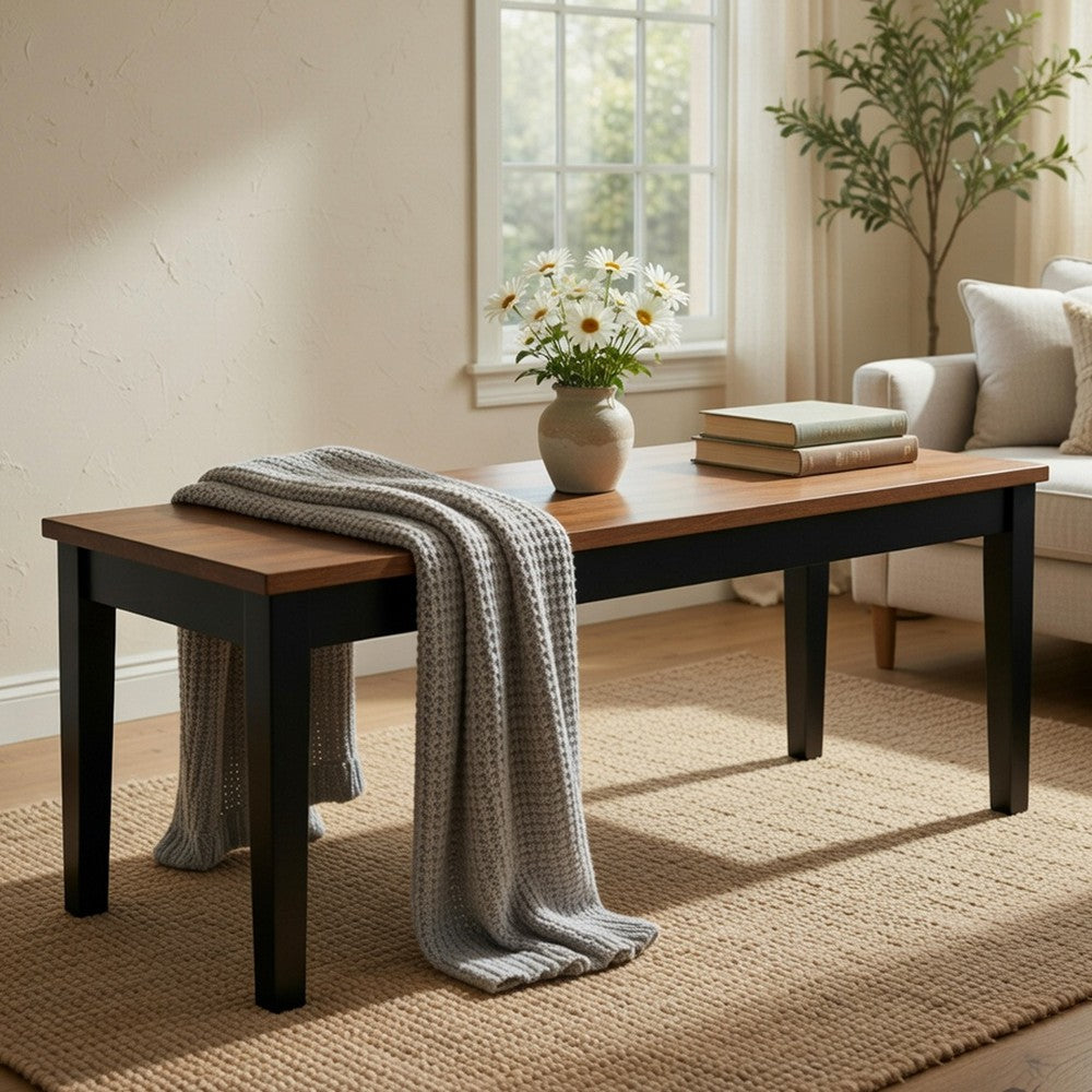 Benjara Teny Dining Bench, 48 Inch Wide Brown Seat, Black Wood Frame