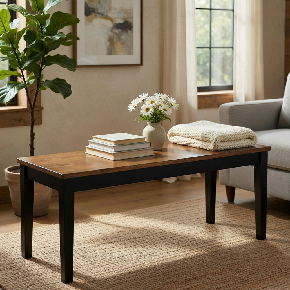 Benjara Teny Dining Bench, 48 Inch Wide Brown Seat, Black Wood Frame
