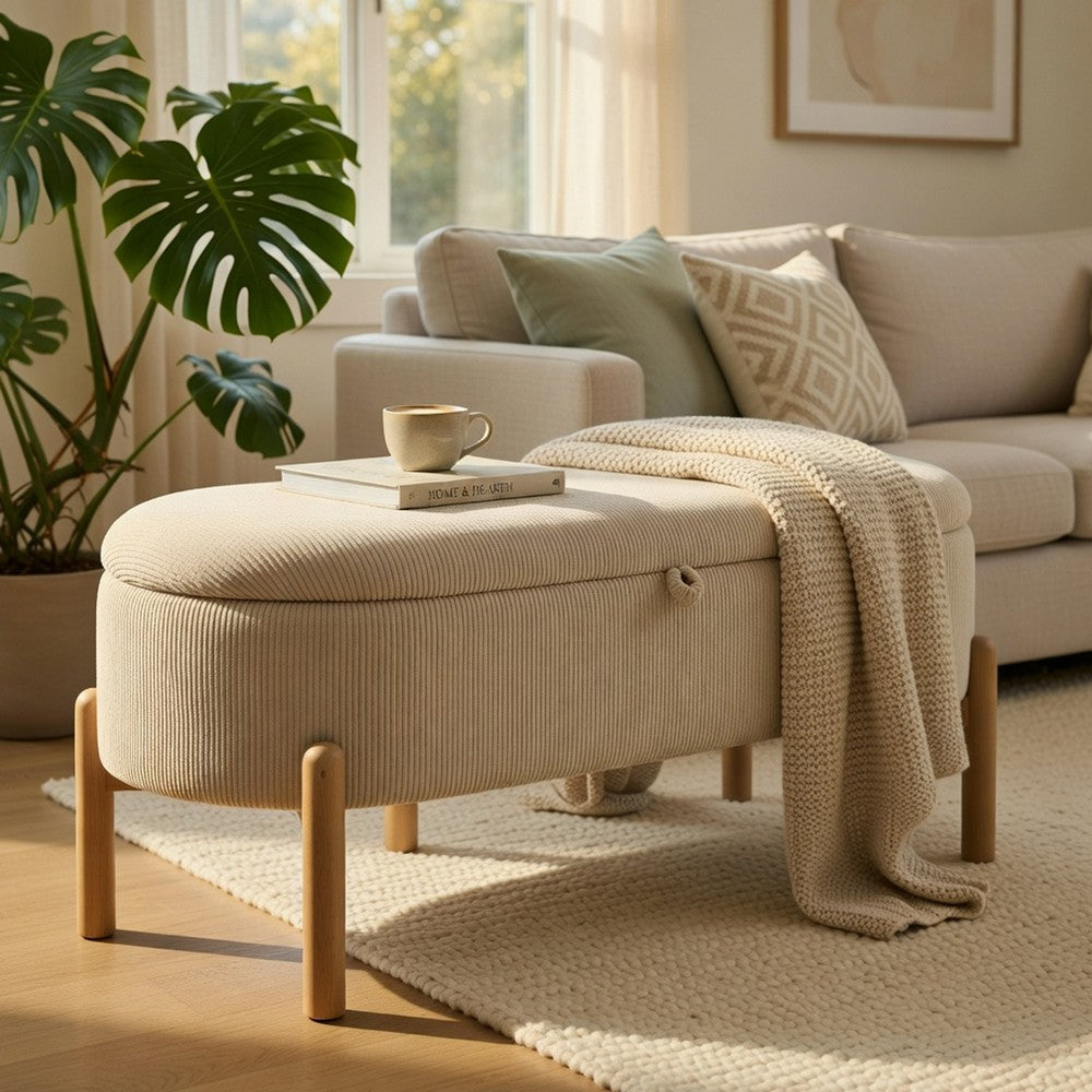 Benjara Mony Bench with Lift Top Storage, Taupe Corduroy, 43 Inch Brown Frame