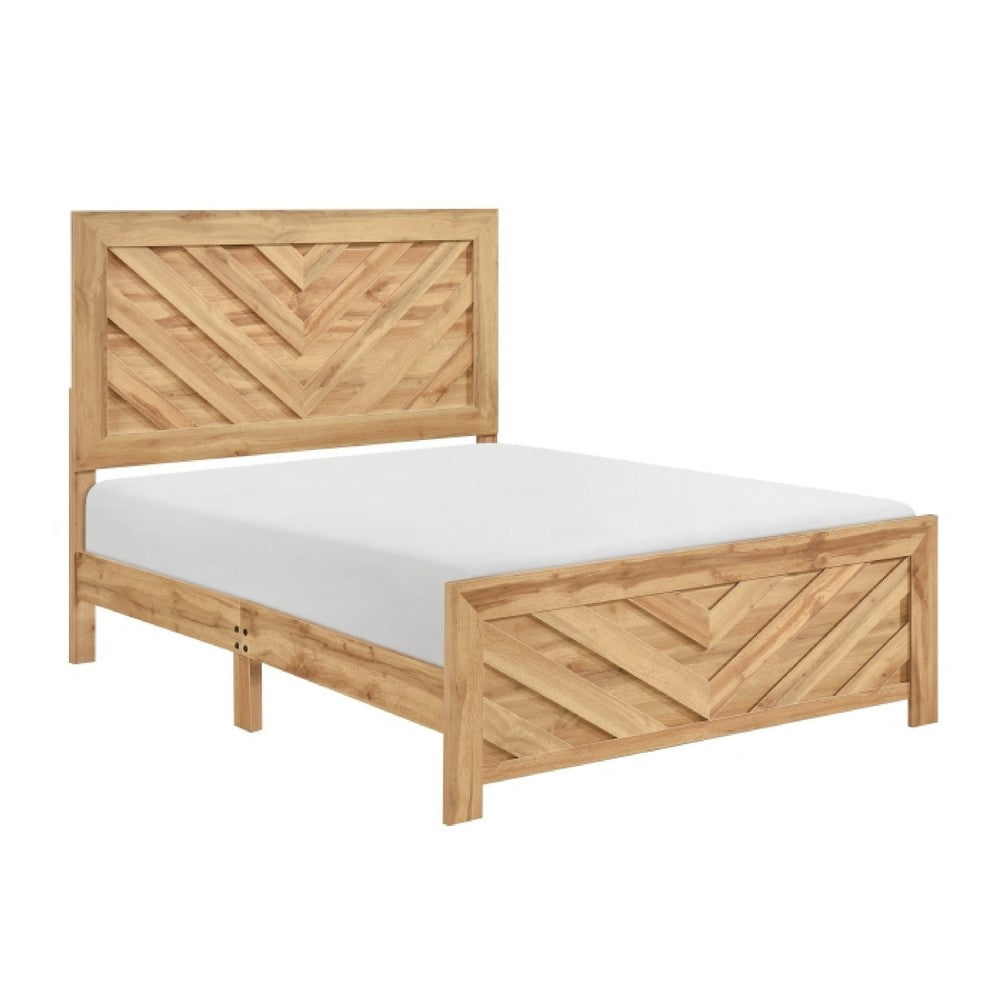 Benjara Adia Queen Size Bed, Chevron Patterned Headboard, Natural Brown