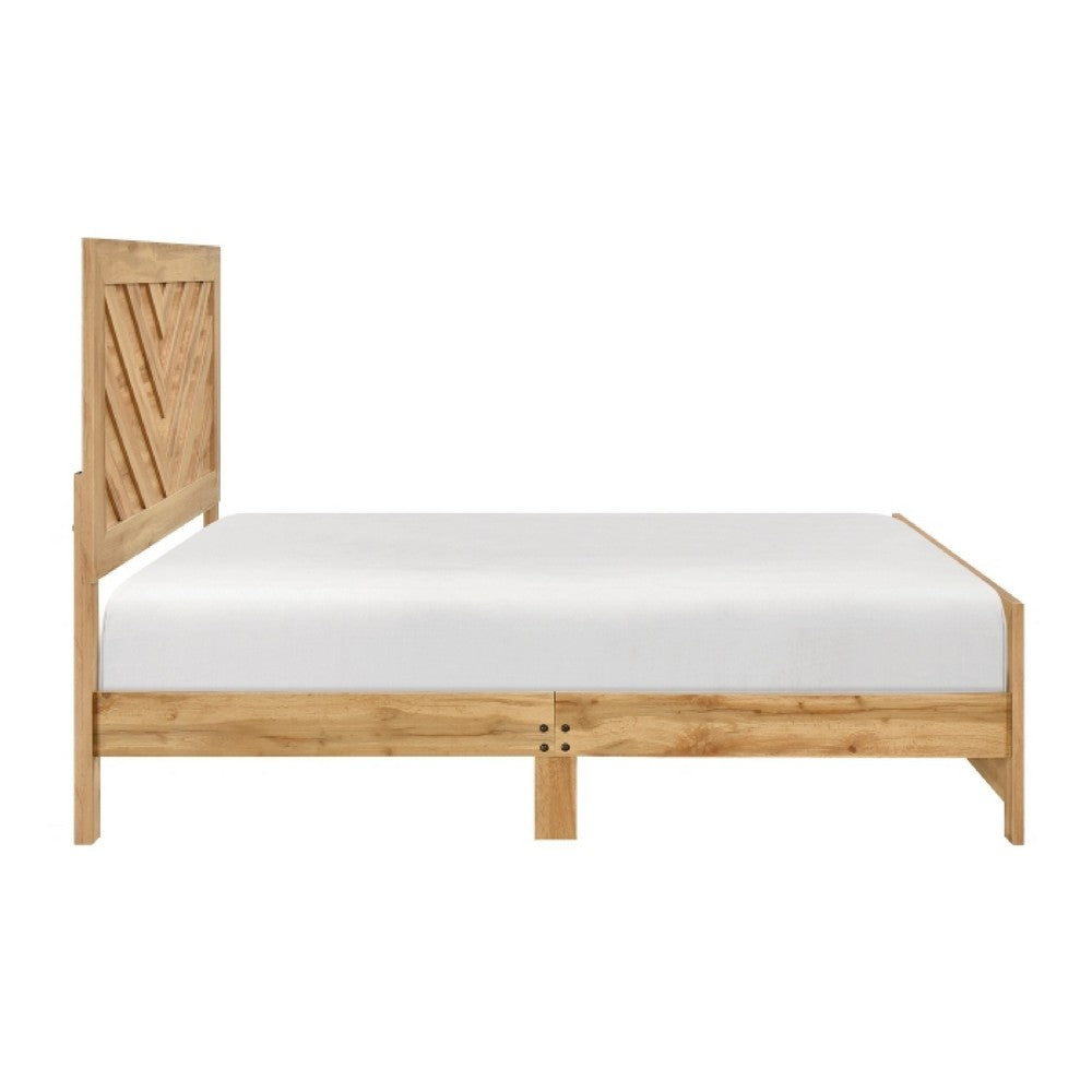 Benjara Adia Queen Size Bed, Chevron Patterned Headboard, Natural Brown