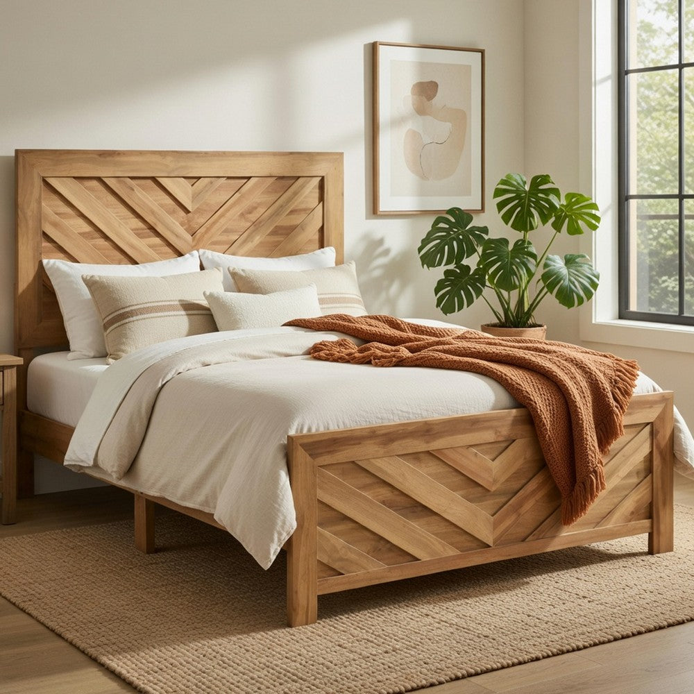 Benjara Adia Queen Size Bed, Chevron Patterned Headboard, Natural Brown