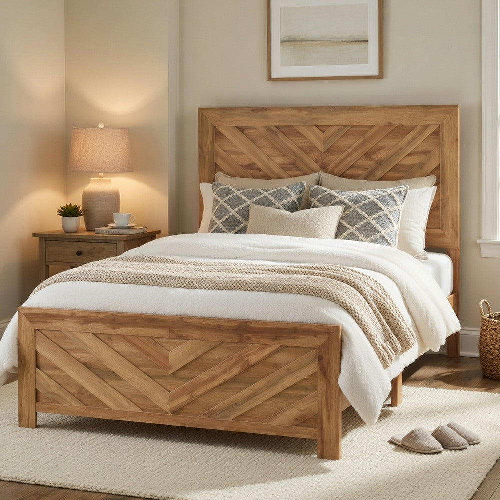 Benjara Adia Queen Size Bed, Chevron Patterned Headboard, Natural Brown