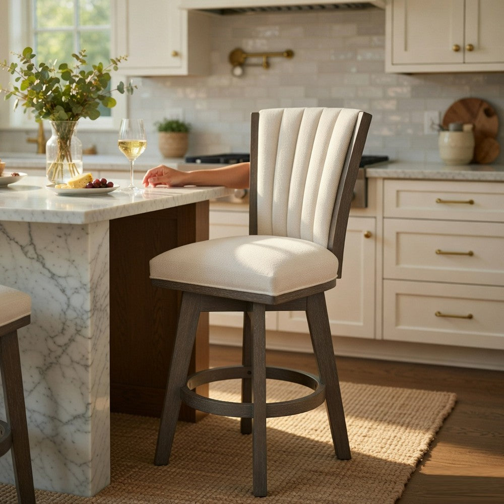 Benjara Core Swivel Counter Height Chair Set of 2, Gray Velvet Flared Back