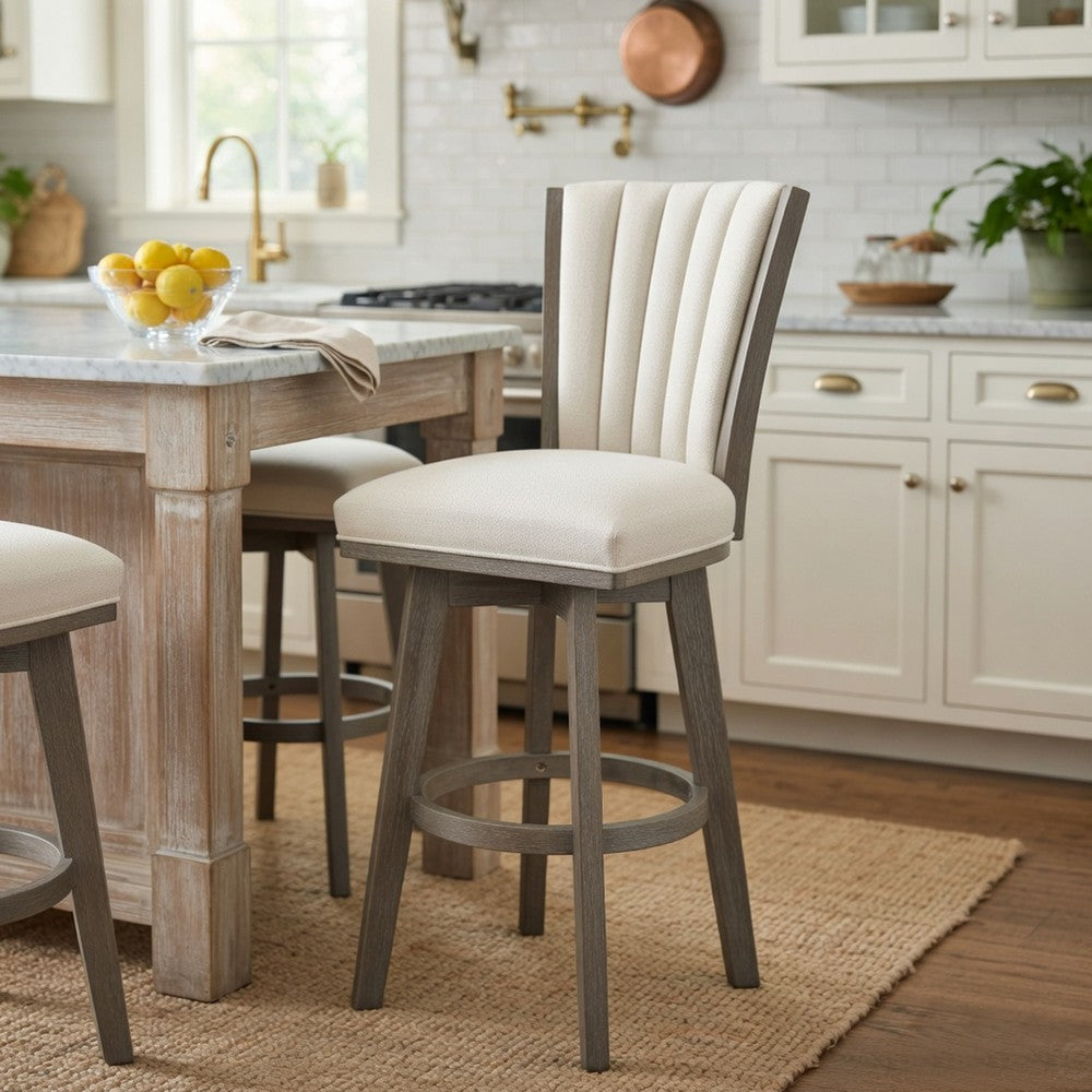 Benjara Core Swivel Pub Height Chair Bar Stool Set of 2, Gray Velvet Flared Back