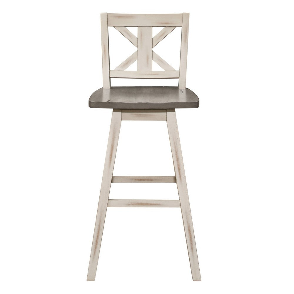Benjara Ati Swivel Pub Height Chair Bar Stool Set of 2, Distressed Gray, White