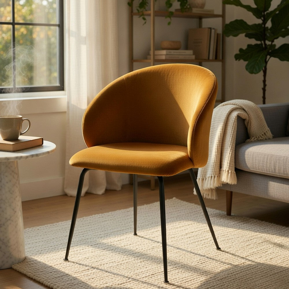 Benjara Salie Dining Chair Set of 2, Curved Back, Mustard Yellow Velvet, Black