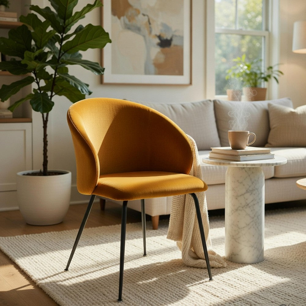 Benjara Salie Dining Chair Set of 2, Curved Back, Mustard Yellow Velvet, Black