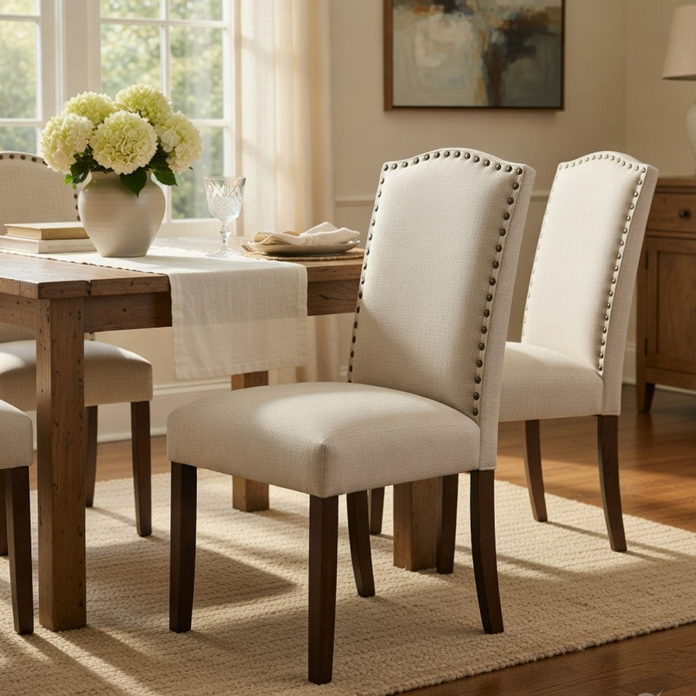 Benjara Keya Dining Side Chair Set of 2, Taupe Polyester, Wire Brushed Brown