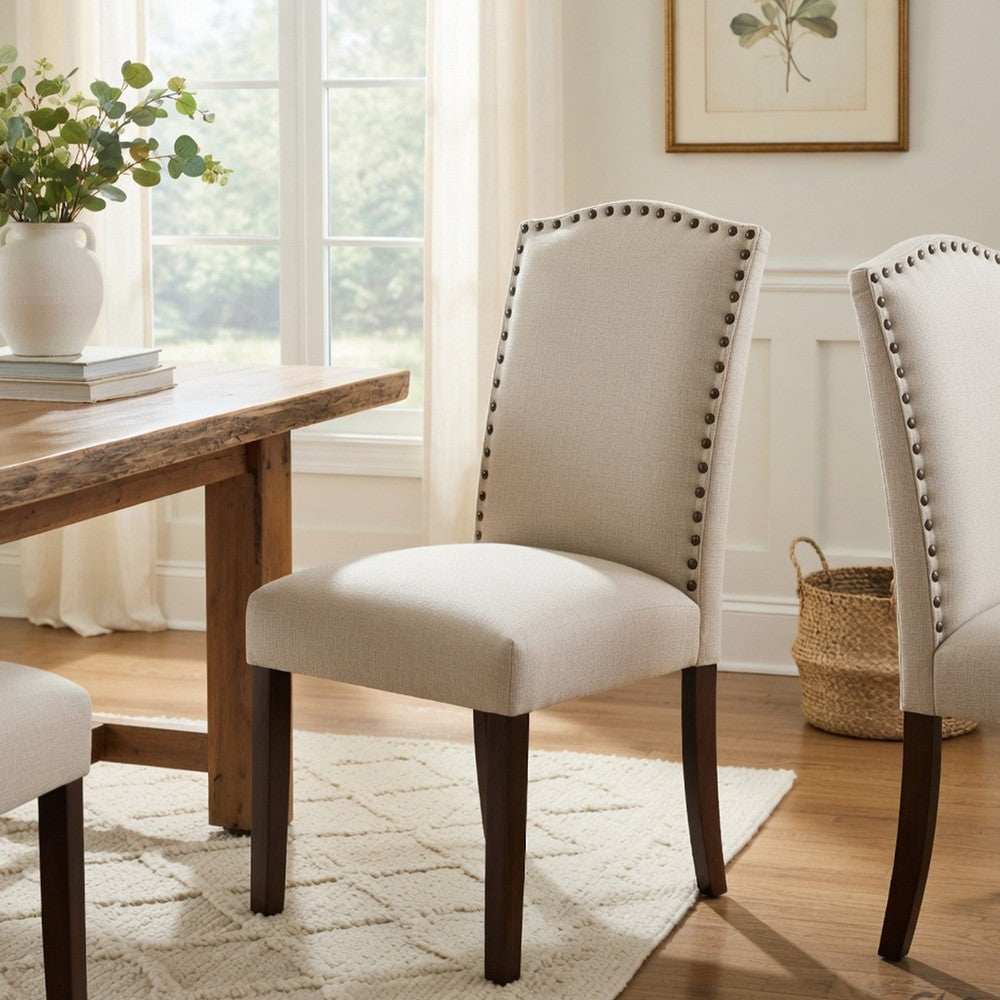 Benjara Keya Dining Side Chair Set of 2, Taupe Polyester, Wire Brushed Brown