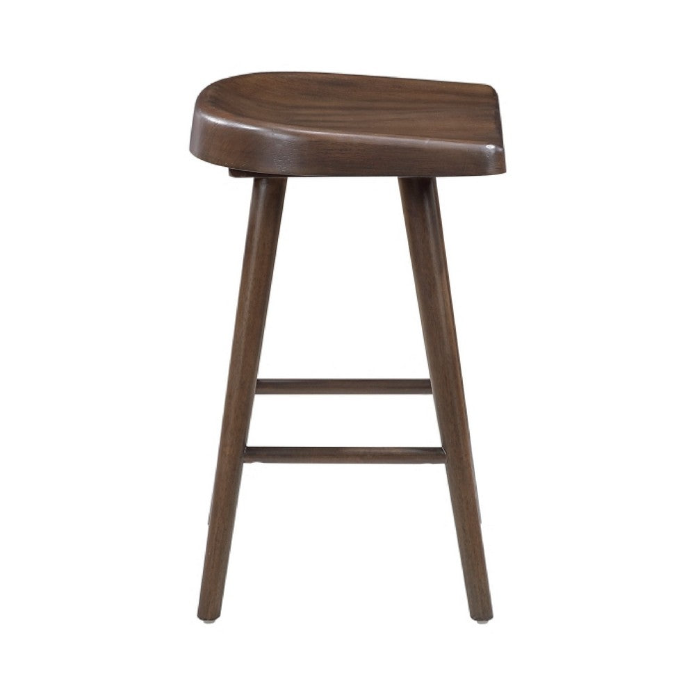 Benjara Vira 24 Inch Counter Height Stool Set of 2, Saddle Seat, Brown Wood