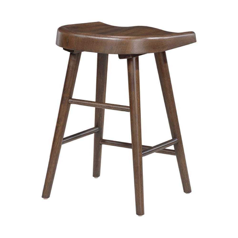 Benjara Vira 24 Inch Counter Height Stool Set of 2, Saddle Seat, Brown Wood