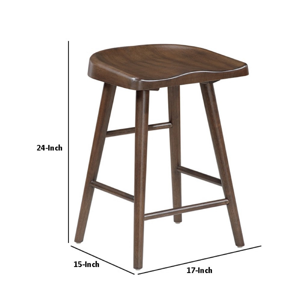 Benjara Vira 24 Inch Counter Height Stool Set of 2, Saddle Seat, Brown Wood