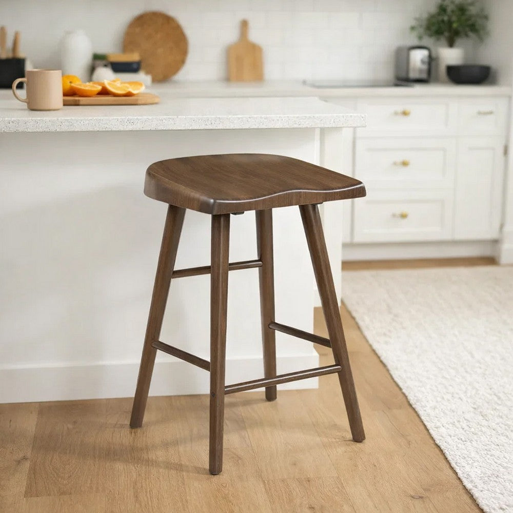Benjara Vira 24 Inch Counter Height Stool Set of 2, Saddle Seat, Brown Wood