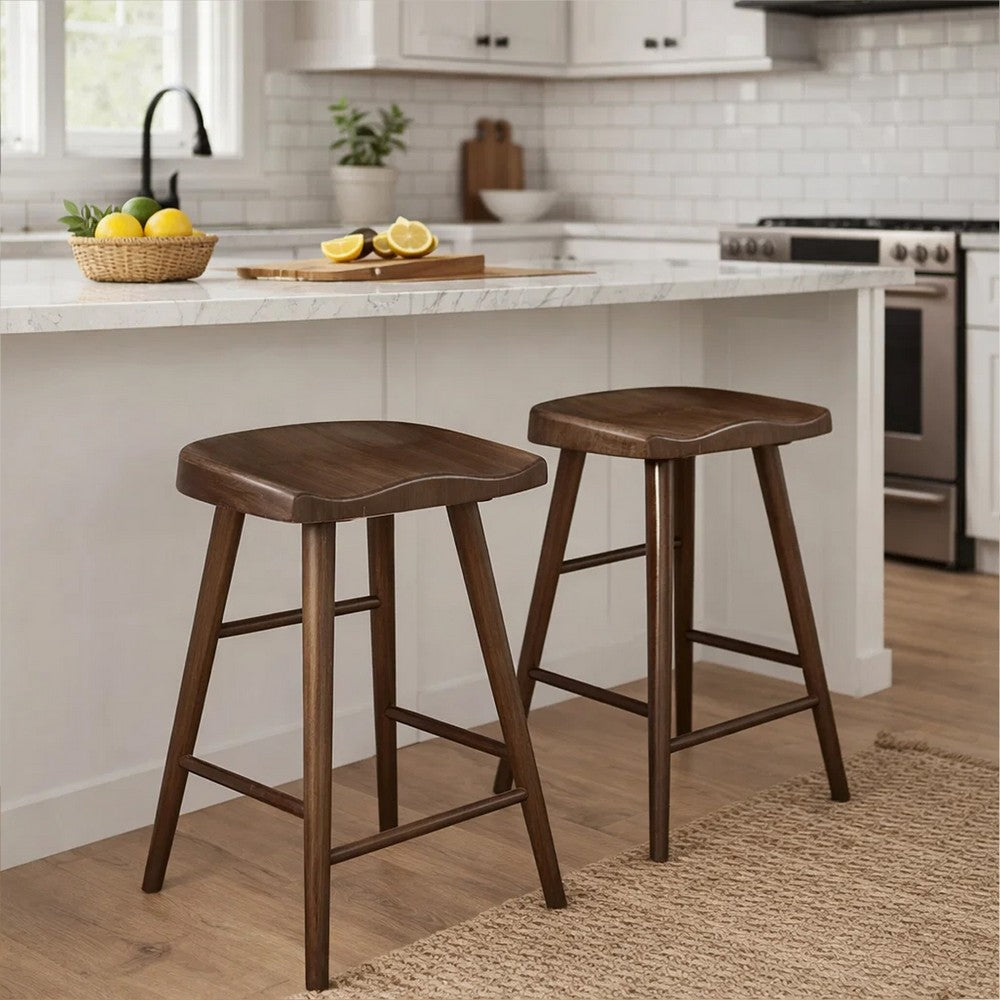 Benjara Vira 24 Inch Counter Height Stool Set of 2, Saddle Seat, Brown Wood